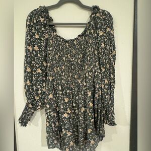 Dark Green Floral Smocked Long Sleeve Dress